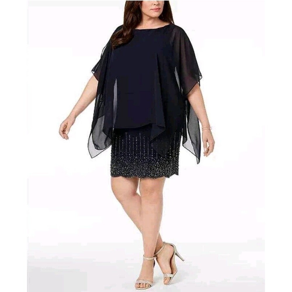 Xscape Black Beaded Chiffon Cape Evening Sheath Dress Size 16